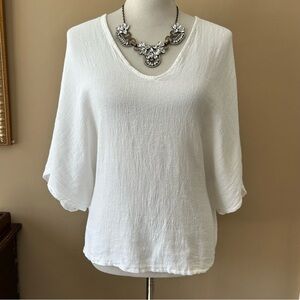 Meo Meli White Linen Boxy Dolman Short Sleeve Top Kimono Blouse Size M L